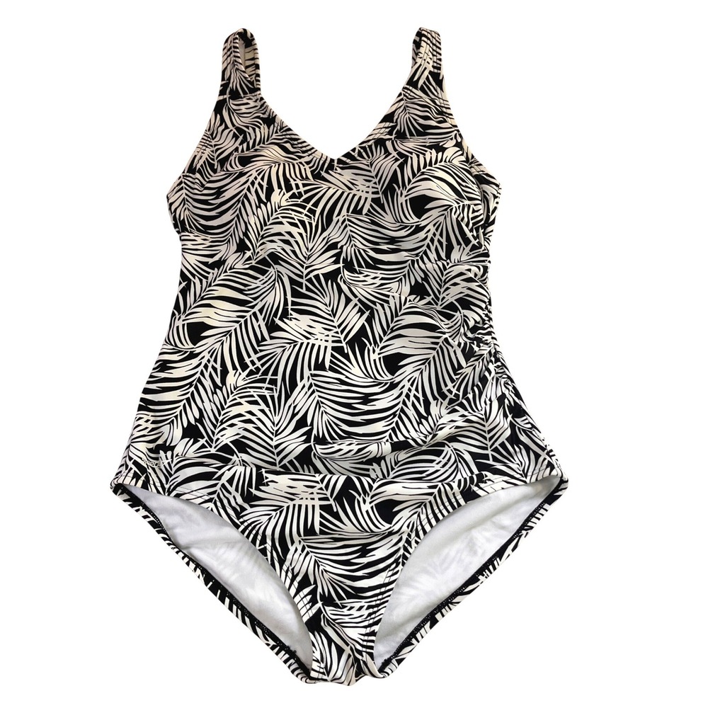 Speedo Womens Black White Palm Leaf Print One Piece Swimsuit V-Neck Size 14